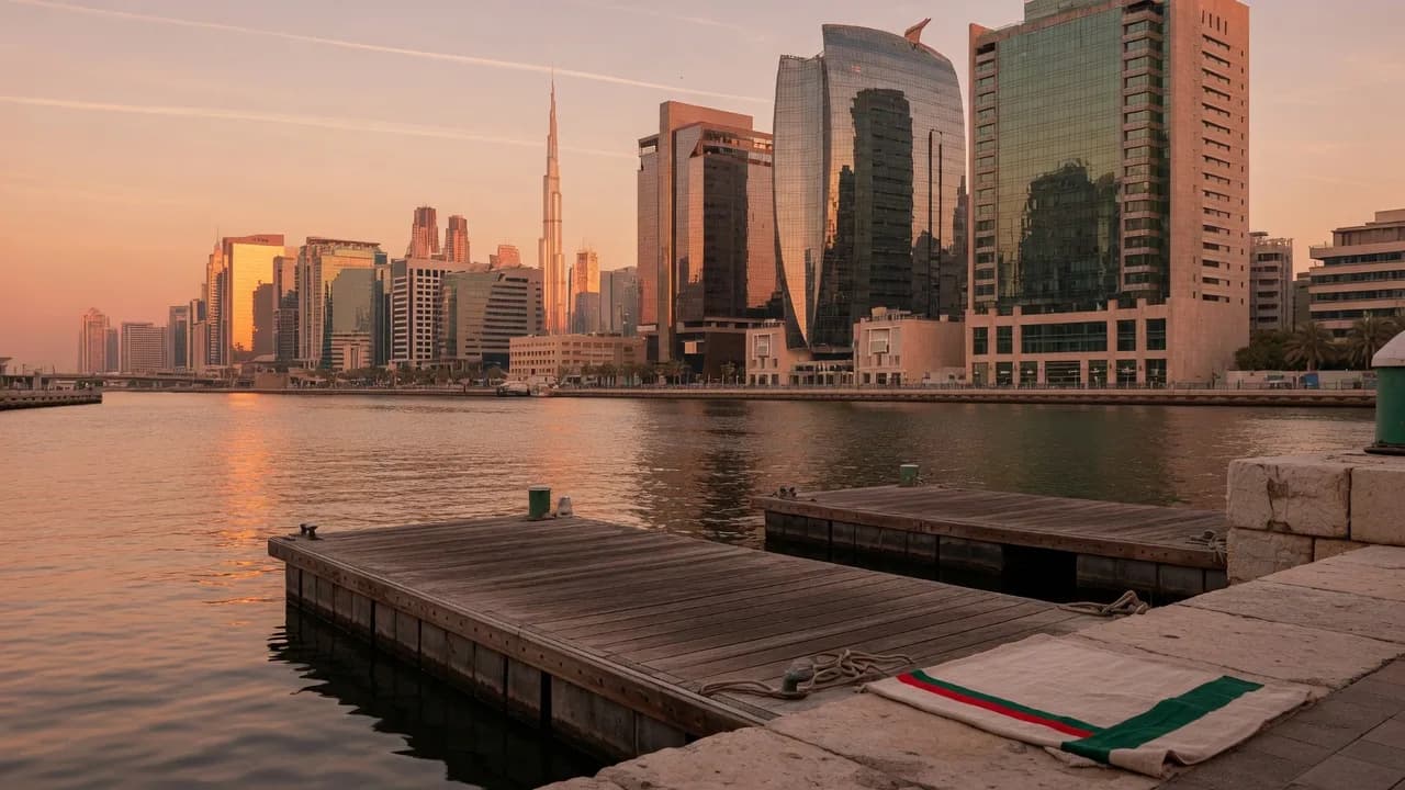 Dubai Creek at dusk from an empty dock, with the skyline and a red-and-green cloth on the stone