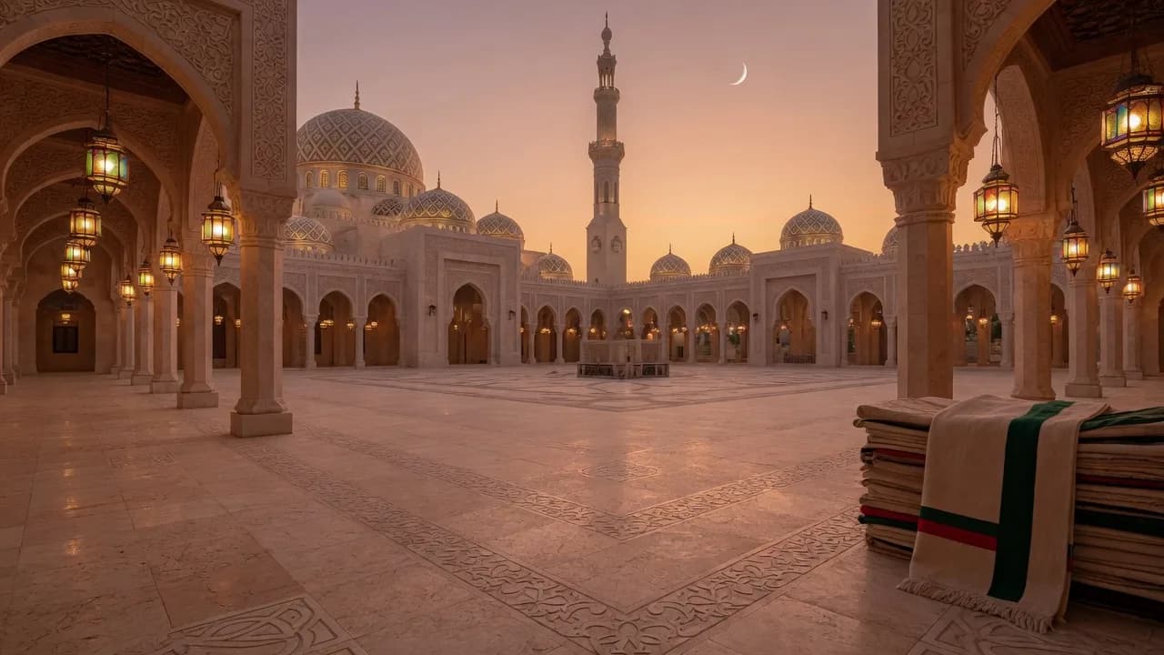 Empty mosque courtyard at dusk with folded prayer rugs, lanterns and a crescent moon