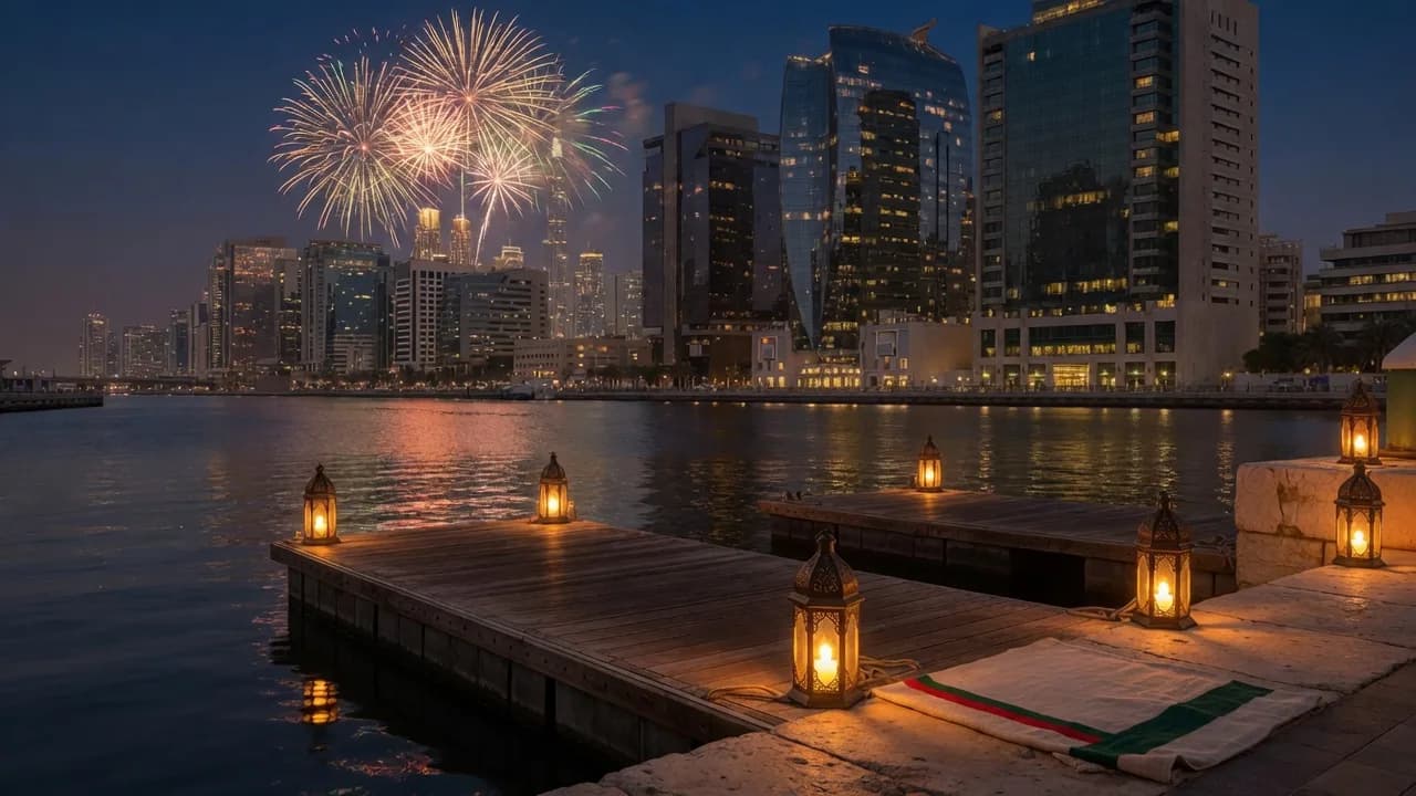 Empty Dubai waterfront at night with lanterns, fireworks and a red-and-green cloth