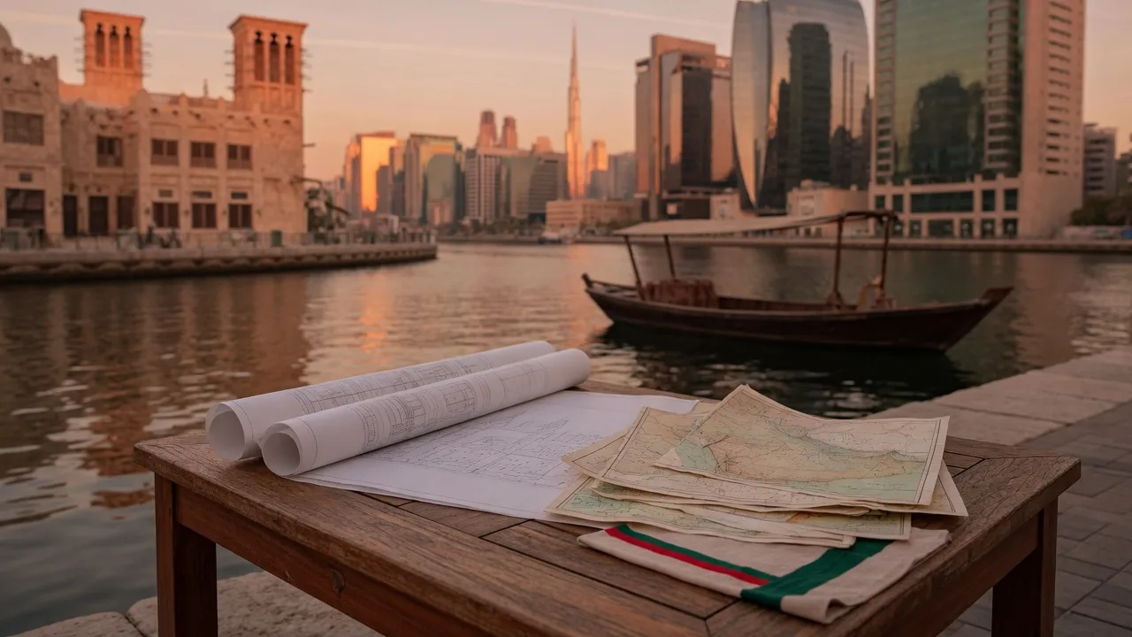 Maps and architectural plans on a teak table beside Dubai Creek houses and an empty abra
