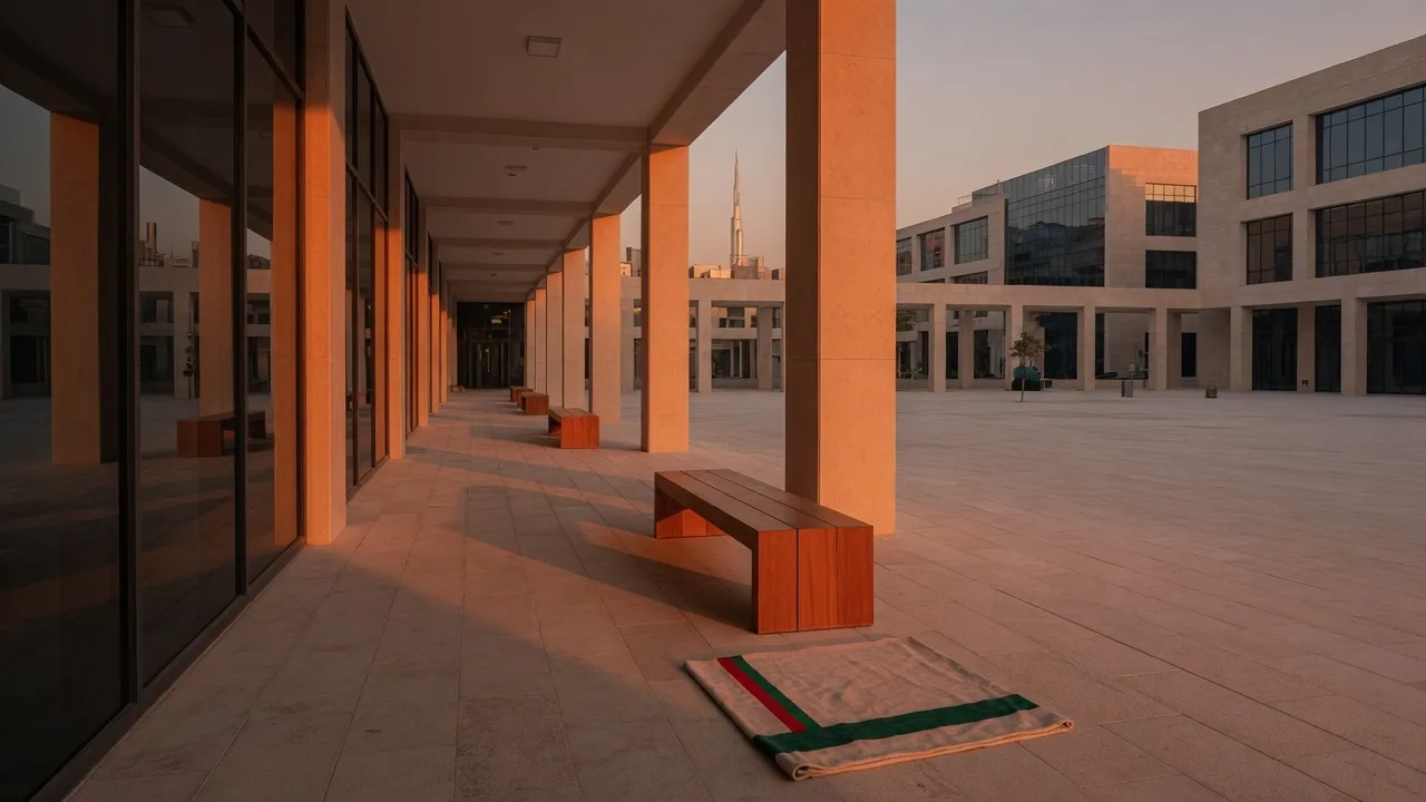 Empty school courtyard at sunset, long colonnade, unused bench and a red-and-green cloth