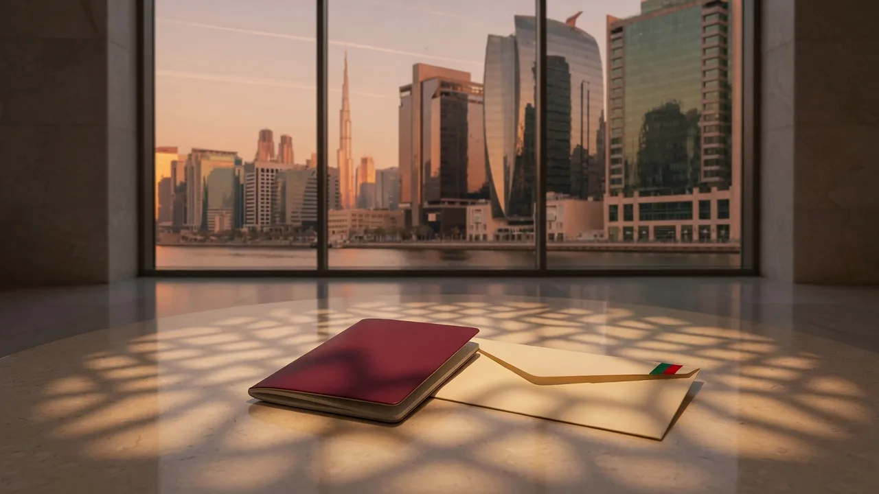 Burgundy booklet and sealed envelope on a stone table, mashrabiya shadows, Dubai skyline through glass