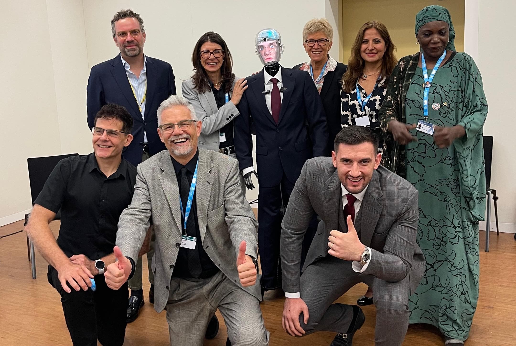 Robert the Robot with speakers at the AI for Good and WSIS+20 event in Geneva