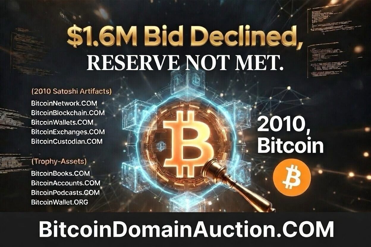 Crypto: Reserve Not Met! $1.6 Million Bidding Falls Short of Reserve in Historic 2010 Bitcoin Domain Assets Auction at Lloyds